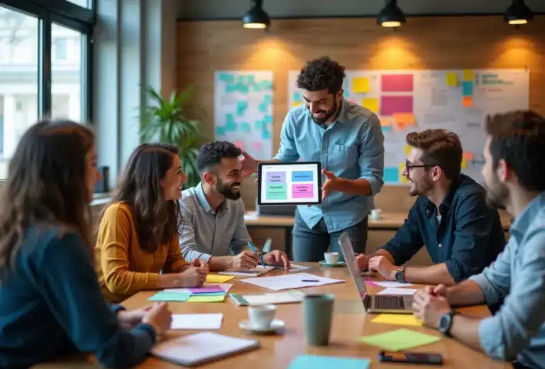 Team præsenterer projektidé på kontormøde