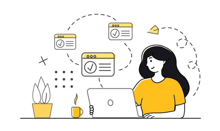 Kvinde arbejder ved bærbar computer med online opgaver