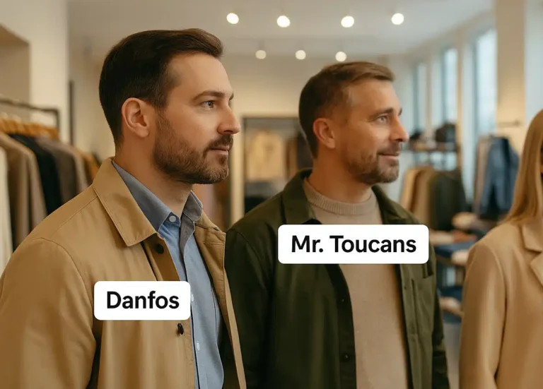 Tre kunder i en tøjbutik med navneskilte