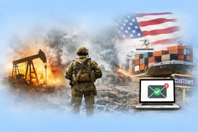 Soldier in front of fire, container ship and American flag